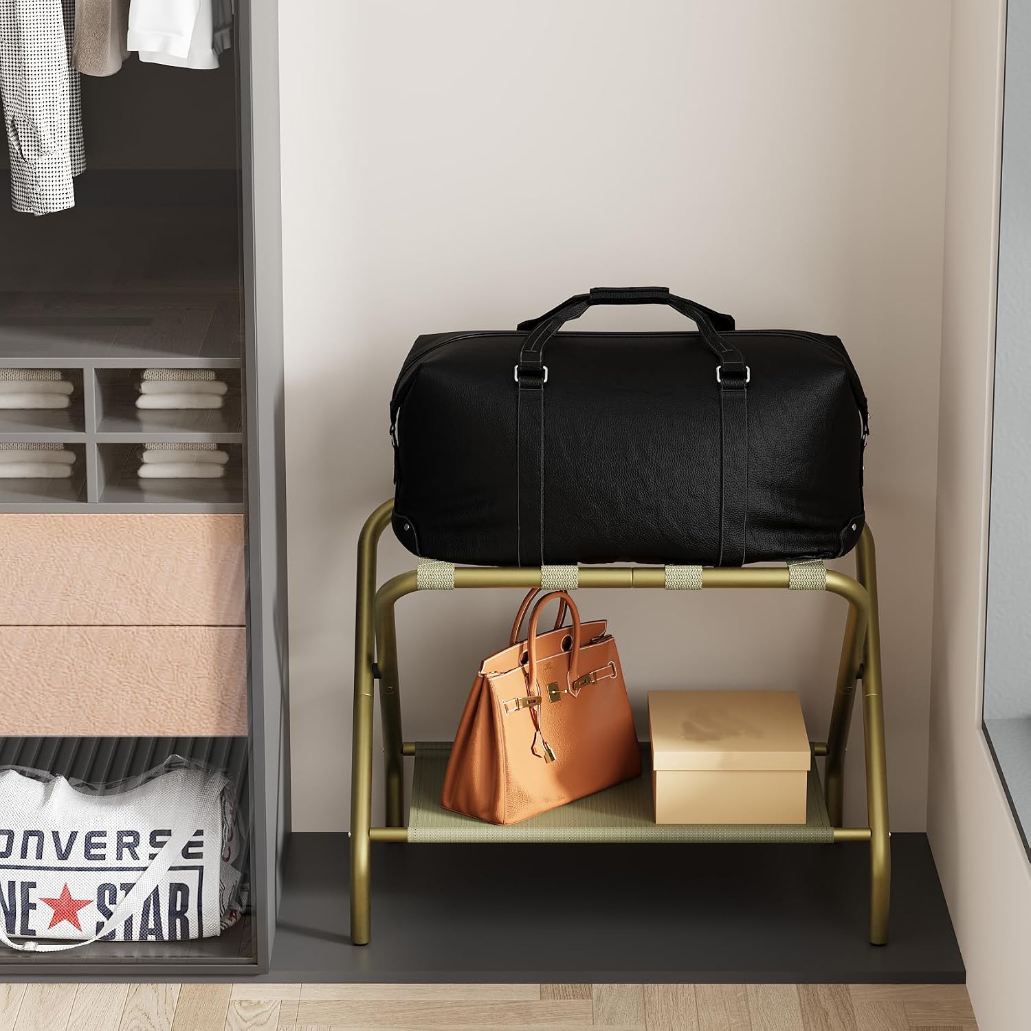 Smuxee Gold Luggage Rack, Foldable Suitcase Stand with Fabric Storage Shelf, Luggage Holder with 4 Nylon Straps for Guest Room Bedroom Hotel