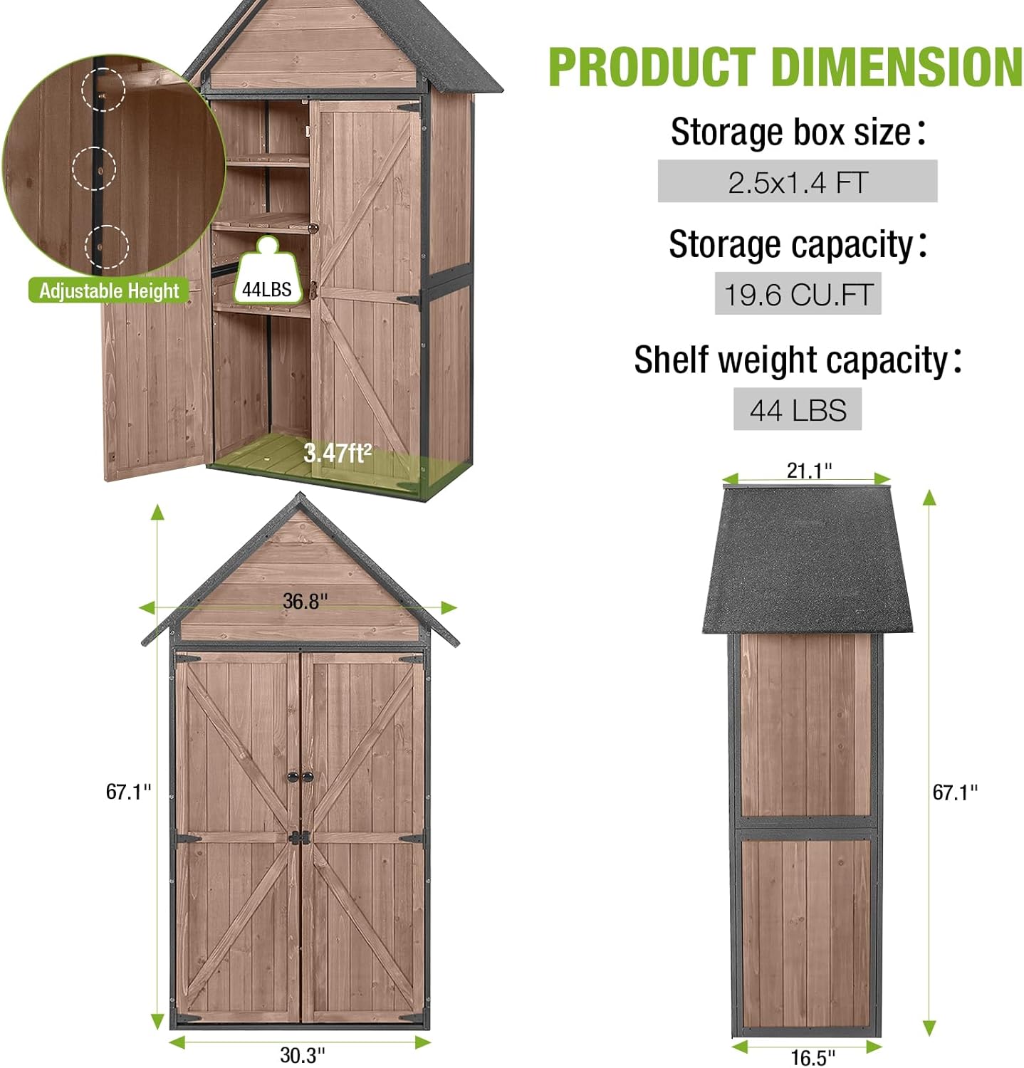 GUTINNEEN Shed Outdoor Storage Upgraded with Durable Metal Frame Garden Shed Tool Storage Cabinet with Wooden Floor Adjustable Shelfs 2.5 x 1.4FT （Dark Color）