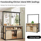 Wooden Island Table for Kitchen with Sliding Barn Door, Heavy Duty Large Coffee Bar Table with 4 Hook, Multi-Functional Bakers Rack, Storage Shelf for Kitchen Dining Room Living Room