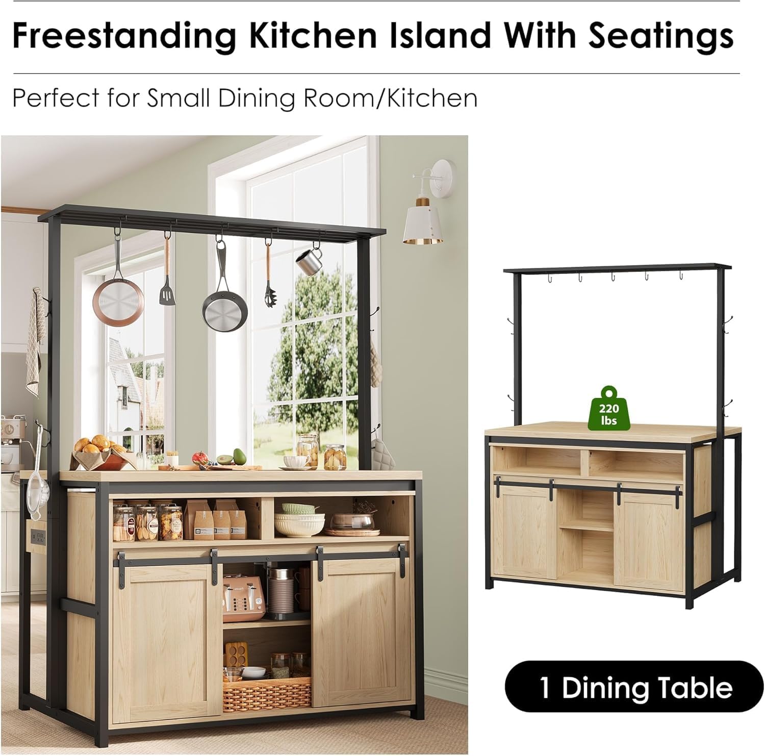 Wooden Island Table for Kitchen with Sliding Barn Door, Heavy Duty Large Coffee Bar Table with 4 Hook, Multi-Functional Bakers Rack, Storage Shelf for Kitchen Dining Room Living Room
