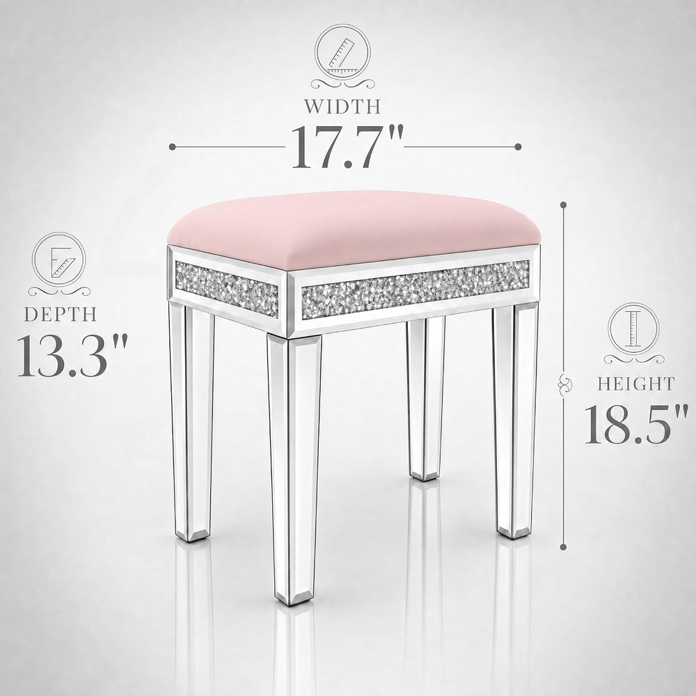 Vanity Stool with Storage – Mirrored Legs, Velvet Cushioned Ottoman, Hidden C...