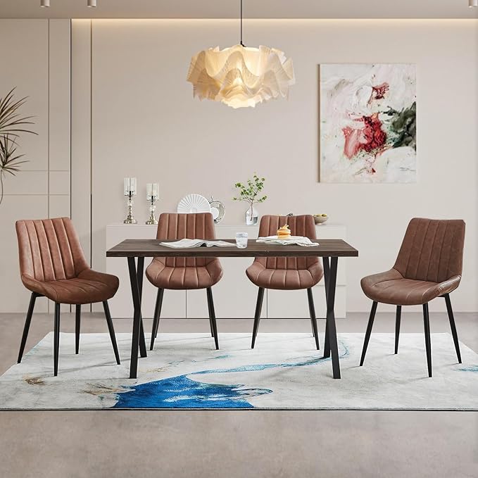 CLIPOP Brown Faux Leather Dining Chair Set of 4, Mid Century Modern, High Back, Armless Upholstered Leisure Side Chair for Dining Room Lounge