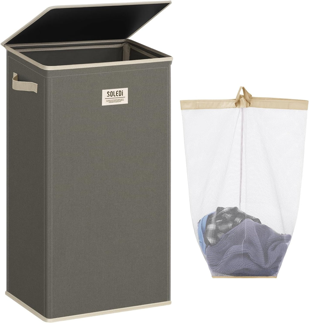 SOLEDI Laundry Hamper with Lid 100L Large & Tall Collapsible Laundry Basket, Clothes Hamper with Bag Removable Easy to Carry, Dirty Hampers for Bedroom, Bathroom, Dorm, College, Cement