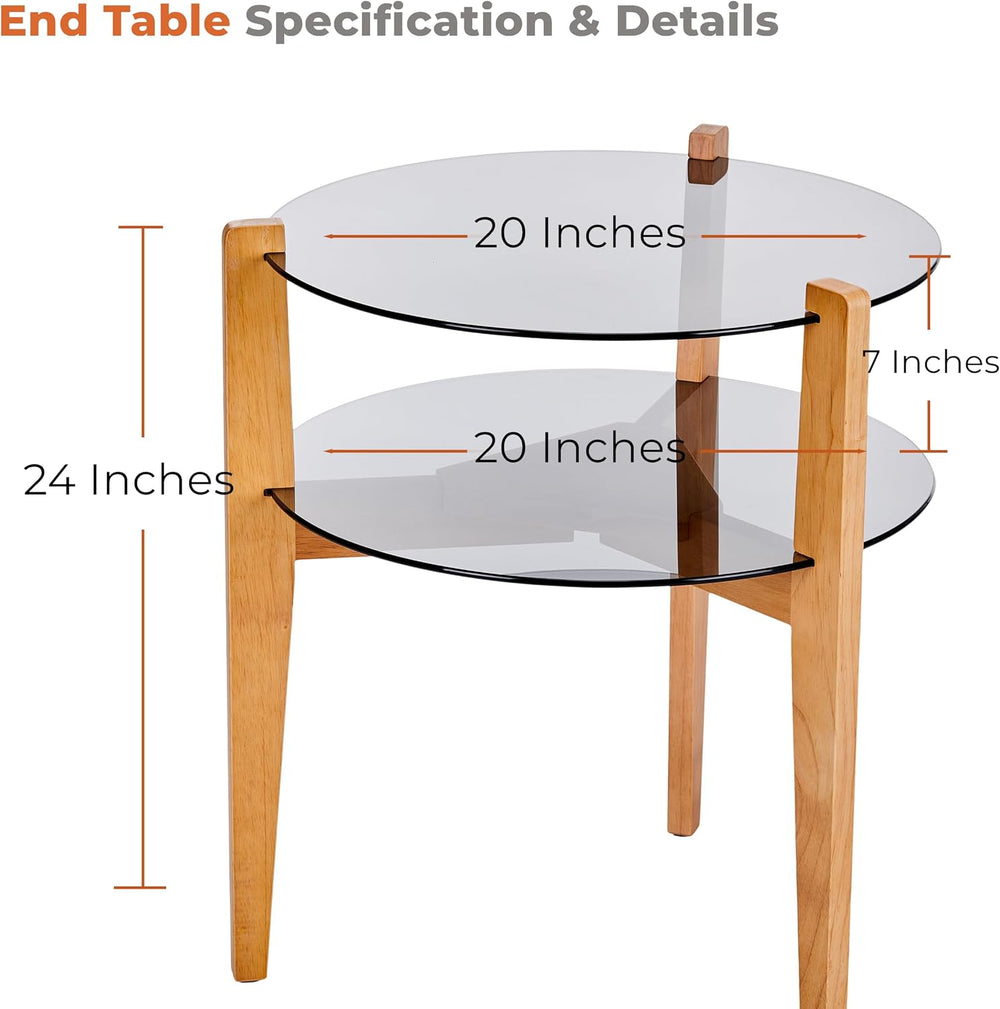 Round End Table, 2-Tier Tempered Glass Table Top Wooden Legs, Modern Side Tab...