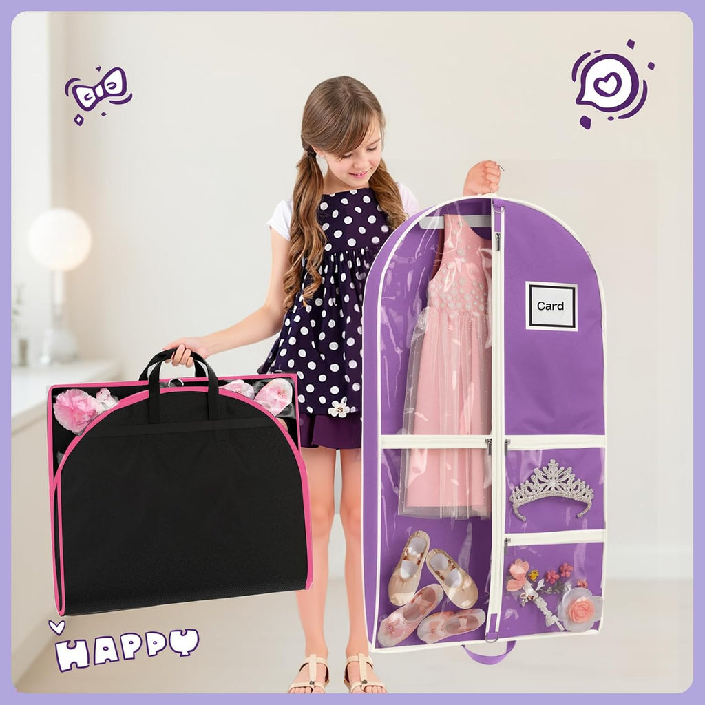 Dance Garment Bag for Hanging Clothes with 3 Zipper Clear Pockets Dance Accessories Essentials Uniform Costume 40 Inch Dress Bags for Dance Competition (Purple White, 1Pack 40")