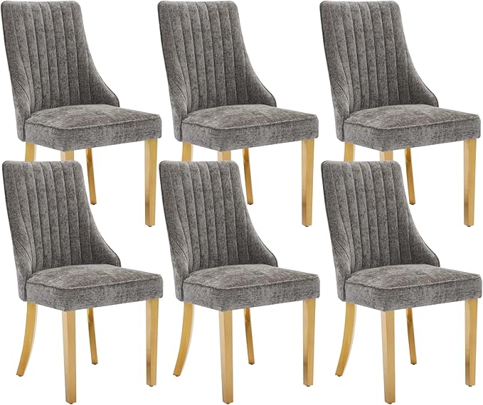 Dining Chairs Set of 6，Modern Channel Tufted Upholstered Dining Chairs with Golden Stainless Steel Legs, Comfortable Chenille Fabric Kitchen Chairs for Dining Room (Grey, 6pc)