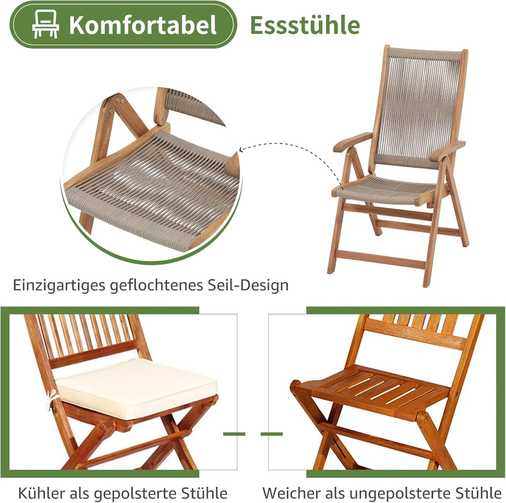 Folding Patio Chair Set of 6, Wooden Rope Recliner, Beige