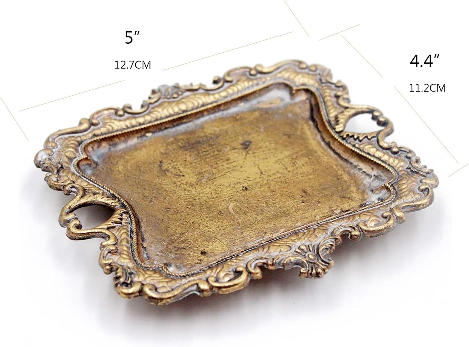 Funly mee Small Antique Trinket Dish Vintage Gold Metal Jewelry Tray, Ring Holder-5.3 x 3.5 x 1.2 inches