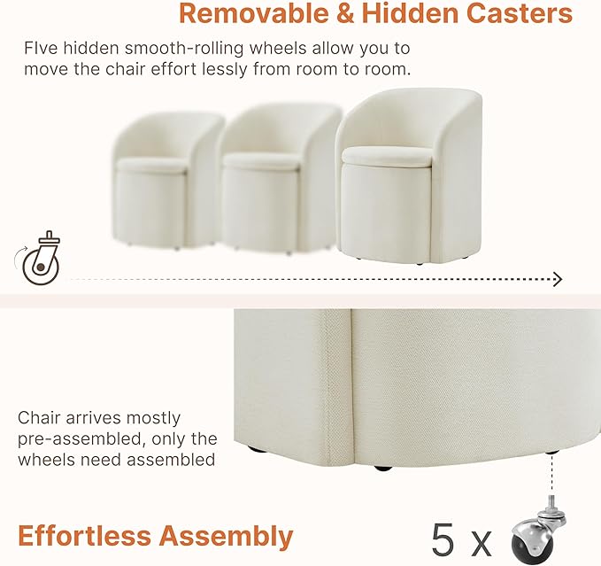 Upholstered Dining Chairs with Casters, No Assembly Rolling Modern Dining Room Chairs with Hidden Storage & Barrel Backrest, Accent Chair for Bedroom, Living Room, Dressing, Linen, Set of 4