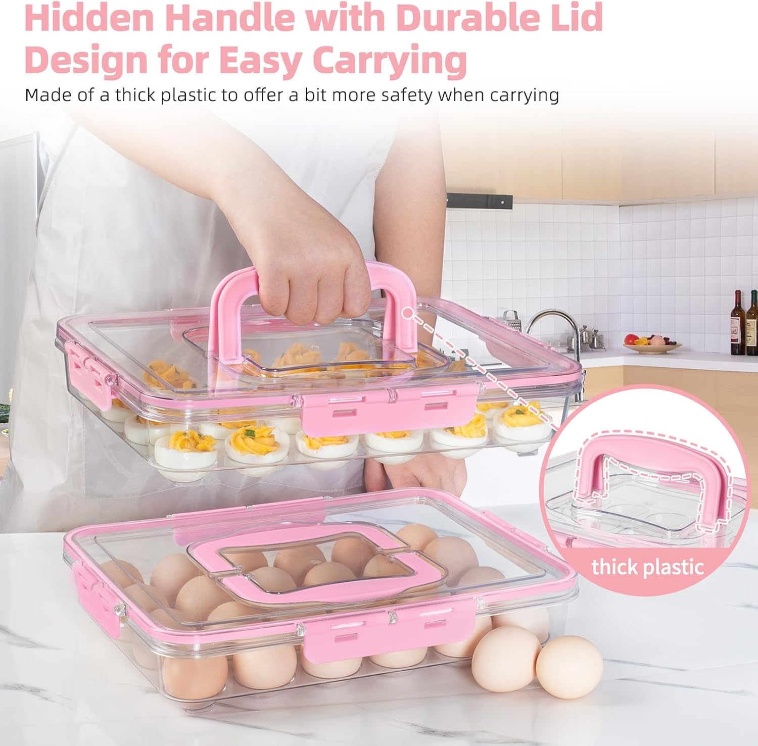 Deviled Egg Containers with Lid and Handle, Durable Clear Plastic Deviled Egg Carrier Storage 24 Eggs, Stackable Egg Holder for Fridge, Portable Tray Platter for Party & Picnics-1 Pack Pink