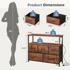 DUMOS TV Stand, Dresser with 5 Fabric Storage Drawers, Media Console Featuring Open Shelf, Fabric Storage Cabinet with Charging Station, Compact Entertainment Unit for Bedroom, Living Room, Brown