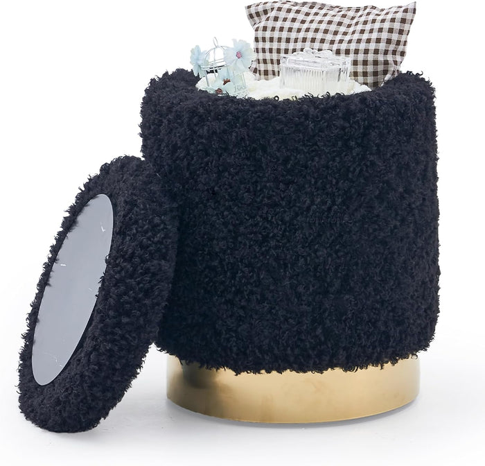Velvet Storage Ottoman Multipurpose Footrest Stool with Metal Base Modern Round Vanity Stool Chair Ottoman Foot Stools Support 300 lbs Padded Seat for Living Room (Black-Long Wool)