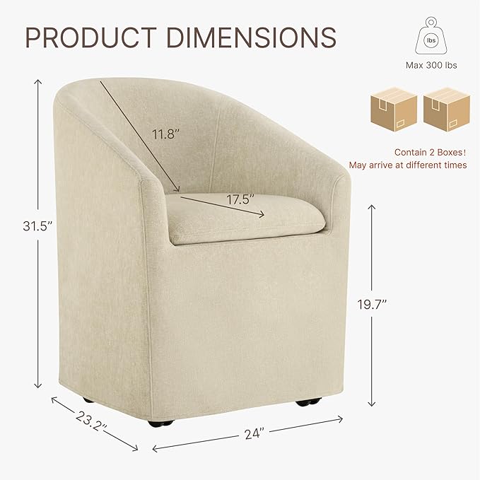 Upholstered Dining Chairs with Casters, Washable Cover Modern Dining Room Chairs with Barrel Backrest & Dual Armrest for Kitchen, Living Room, Bedroom, Sand Fabric, 2PCS
