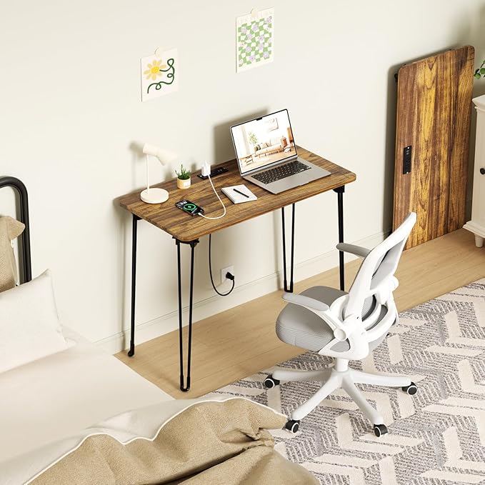 Folding Desk, 31.5" Hairpin Legs Small Desk with Power Strip for Bedroom, Space Saving Foldable Computer Desk for Home Office, No Assembly Need,Brown