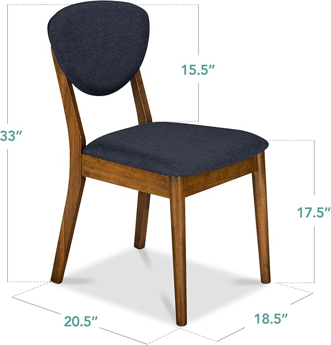 Best Choice Products Dining Chairs Set of 2, Mid-Century Modern Upholstered Wood, Armless w/Seat Cushion, Padded Backrest - Walnut/Navy Blue
