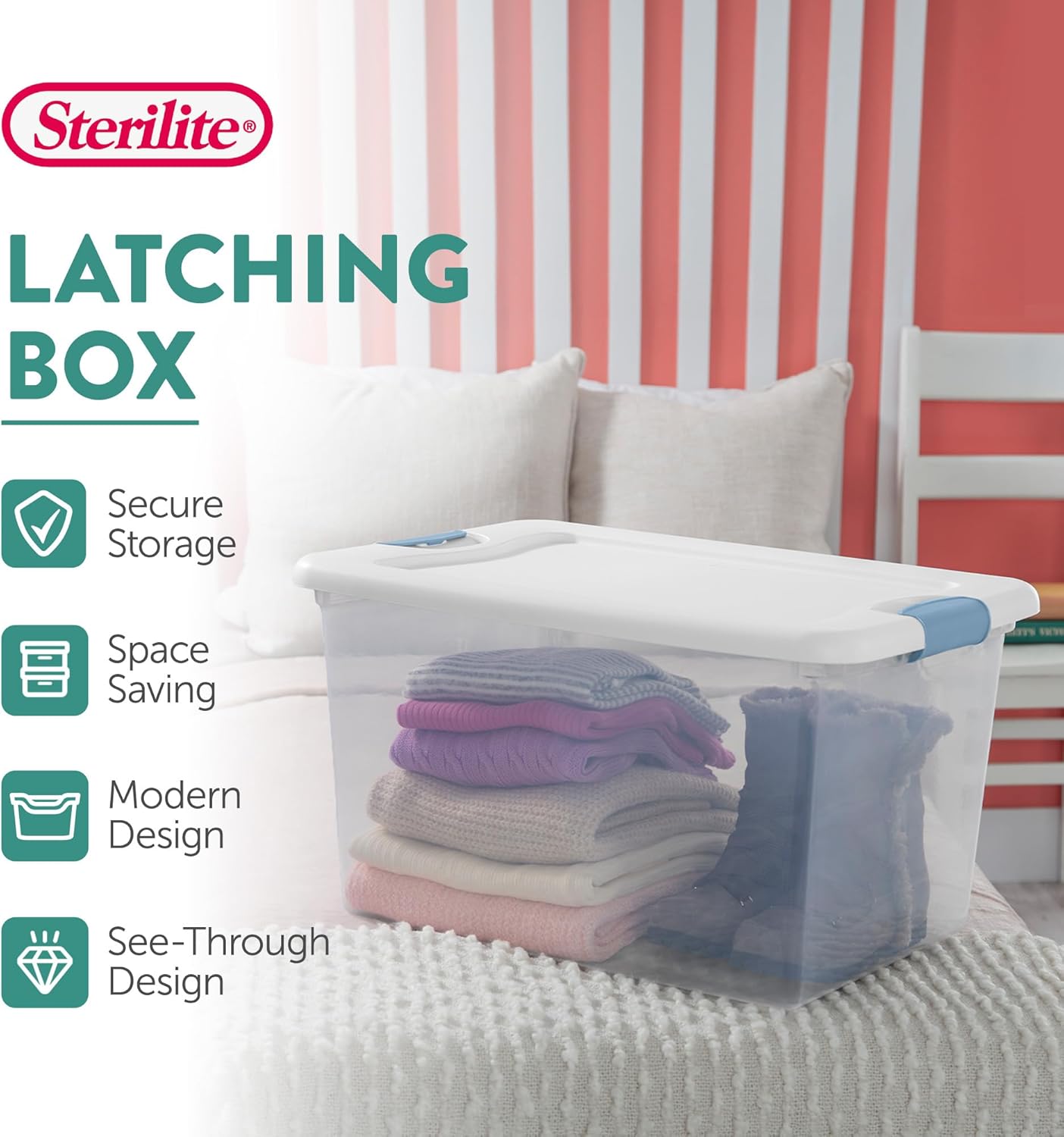Sterilite Latching Box with Lids for Home and Office, 64 Quart, 12-Pack | Heavy-Duty and Stackable Plastic Containers with Latches for Closet, Cabinet, Bedroom, Bathroom and Dorm Room Organization
