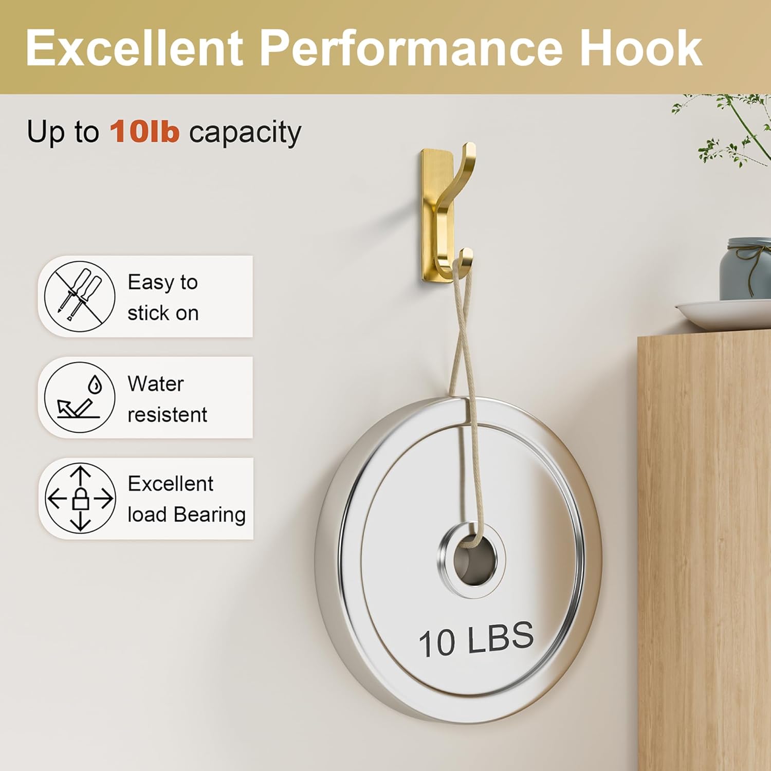 10-Pack Wall Hooks for Hanging Towels - Stainless Steel Adhesive Hook, 13LB Strong Hold, Sticky Hangers for Coats, Bags, Purses, Backpack - Bathroom, Kitchen, Door, Shower, Dorm, RV, Brushed Gold