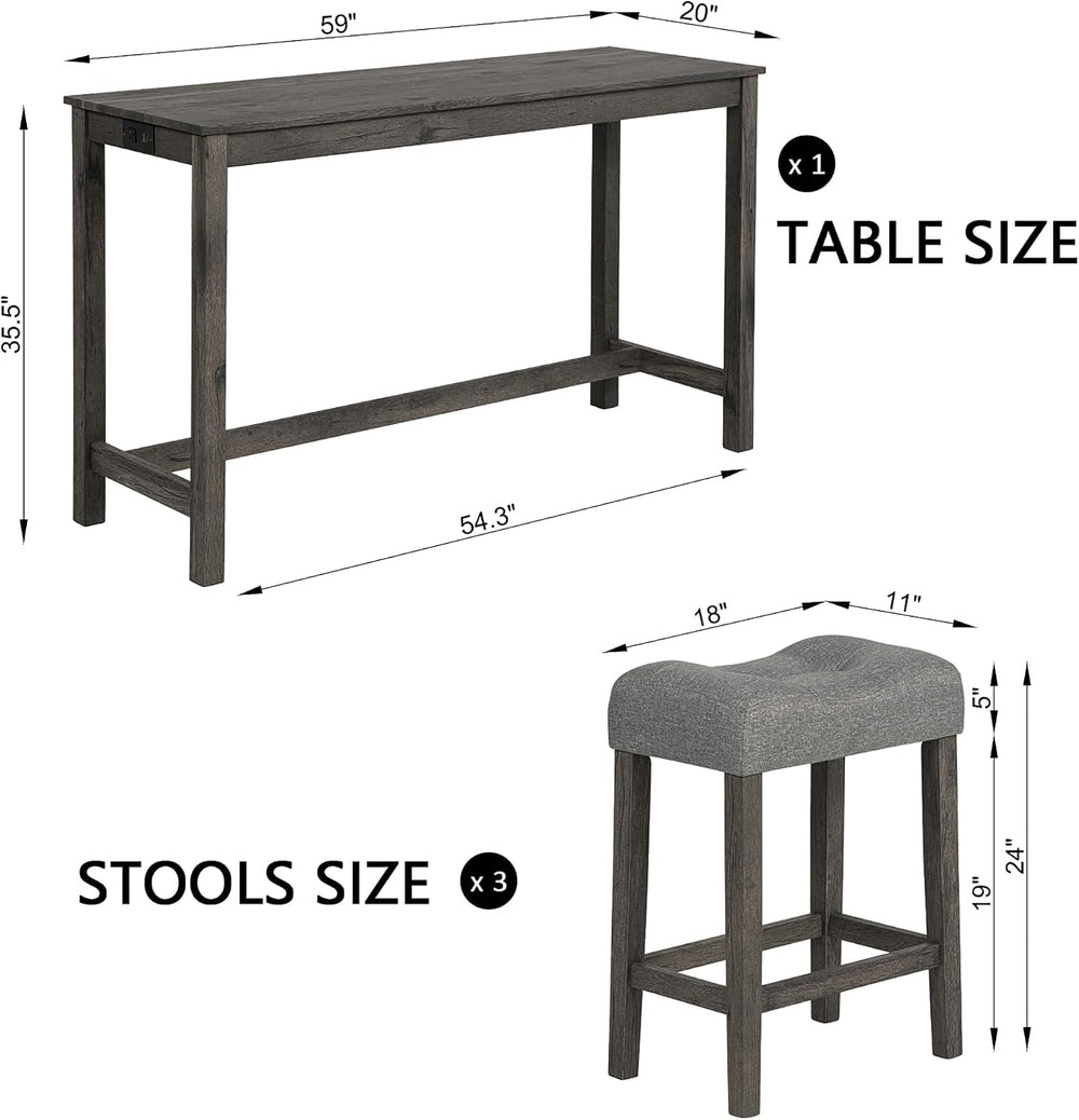 KEIKI 4-Piece Bar Table Set with Power Outlet, USB Ports, and 3 Padded Stools...