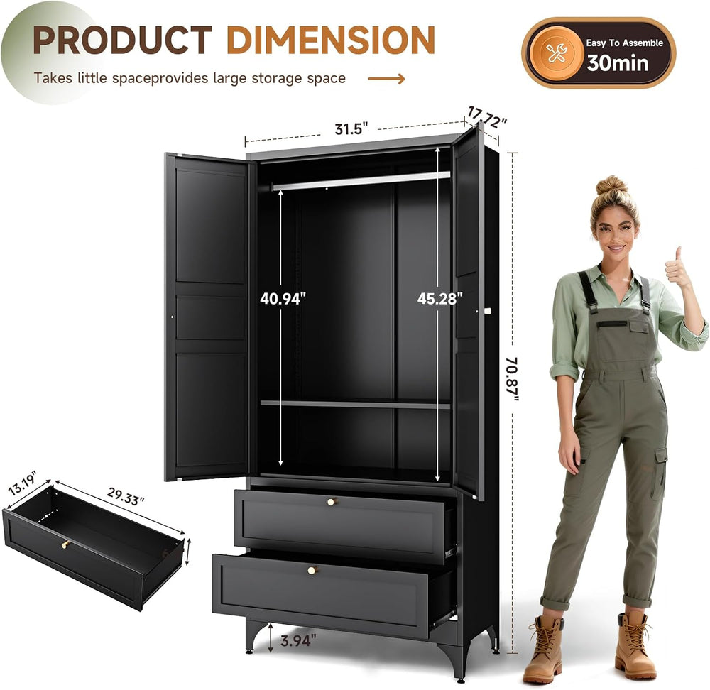 Letaya Metal Armoire Wardrobe Closet with Drawers,Clothing Storage Cabinet wi...