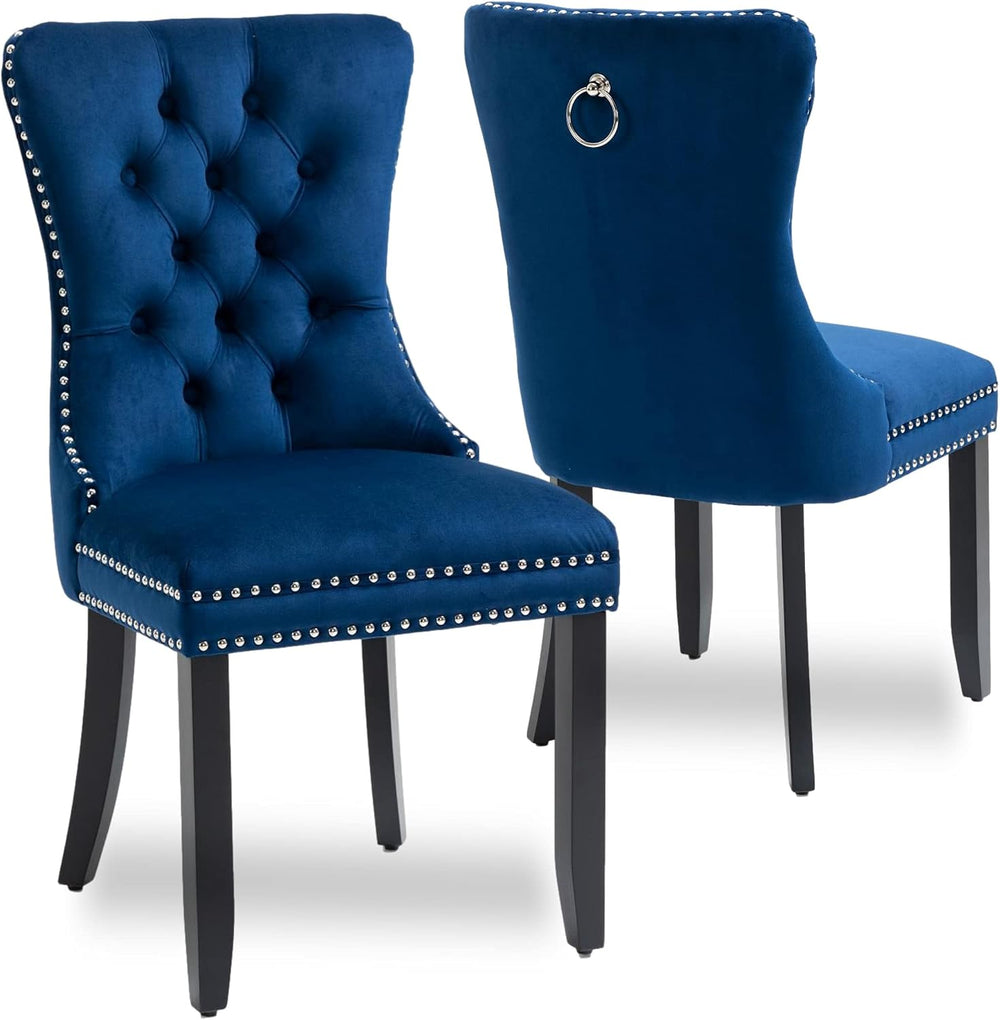 Set of 2 Upholstered Velvet Dining Room Chairs with Nailed Trim and Pulling R...