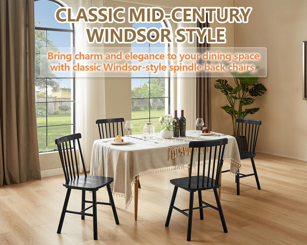 PrimeZone Windsor Dining Chairs Set of 4 with Spindle Back, Black | Solid Rub...