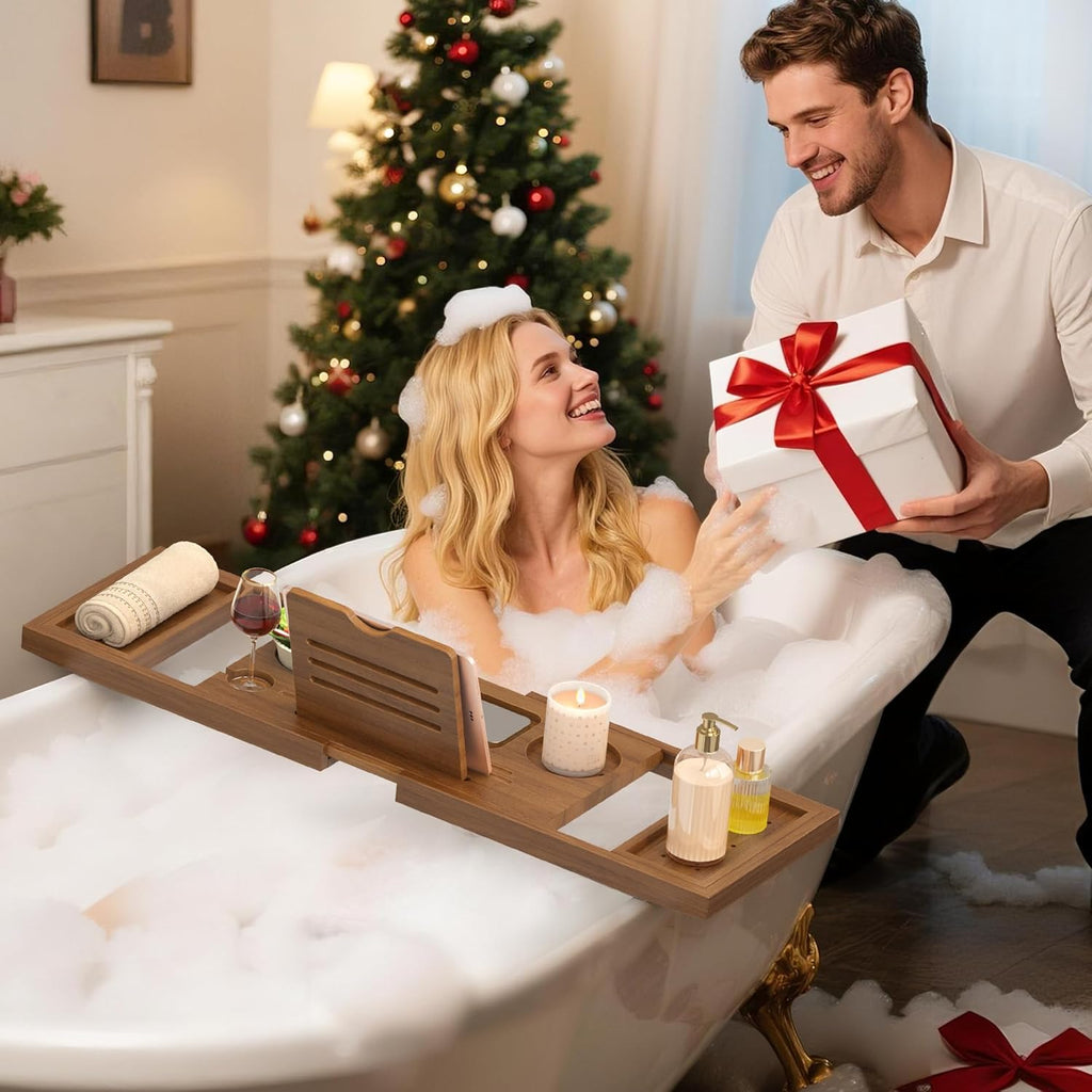 Teak Bathtub Tray, Expandable Wooden Bath Tray for Tub, Luxury Bath Caddy for Bathtub, Birthday & Wedding for Couple Bridal Shower Present, House Warming Gifts New Home
