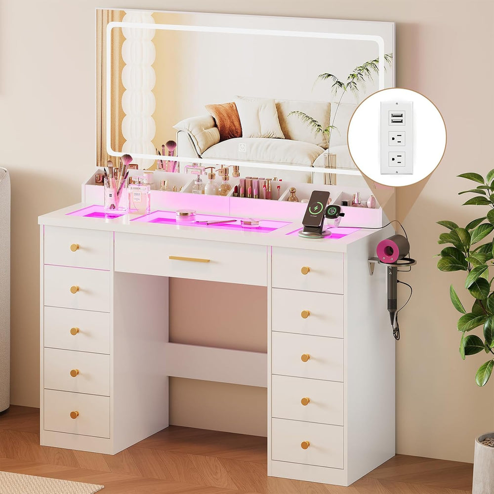 LAKEMID White Vanity Desk with Mirror and Lights,Glass Top Vanity Table with ...