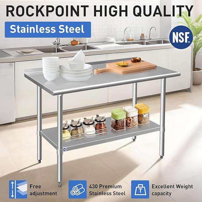 ROCKPOINT Stainless Steel Table for Prep & Work with Backsplash 14x24 Inches, NSF Metal Commercial Kitchen Heavy Duty Table with Adjustable Under Shelf and Table Foot for Restaurant, Home and Hotel