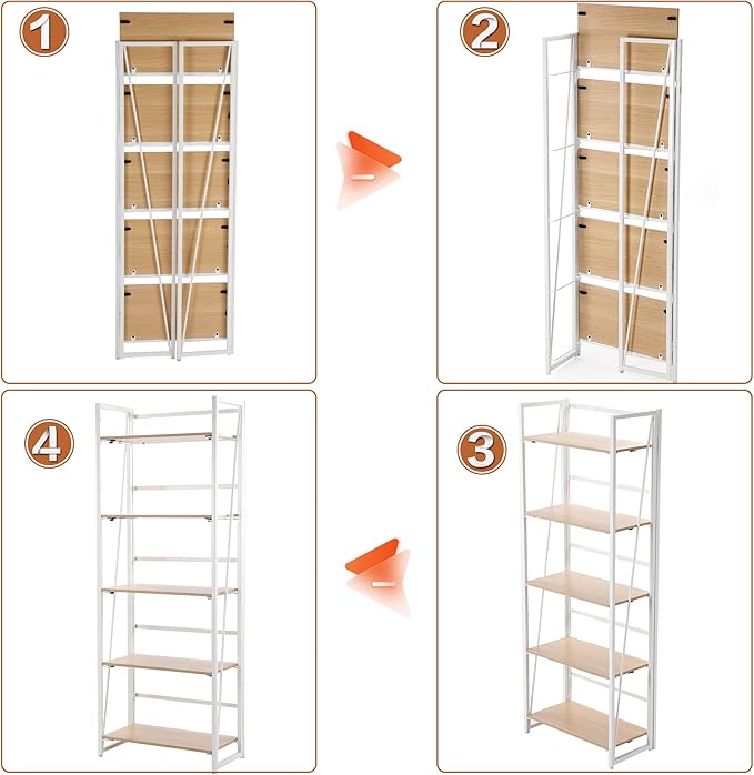 Rengue No-Assembly Folding Bookshelf Storage Shelves 5 Tiers Foldable Vintage Multifunctional Plant Flower Stand Storage Rack Shelves Bookcase for Home Office, White
