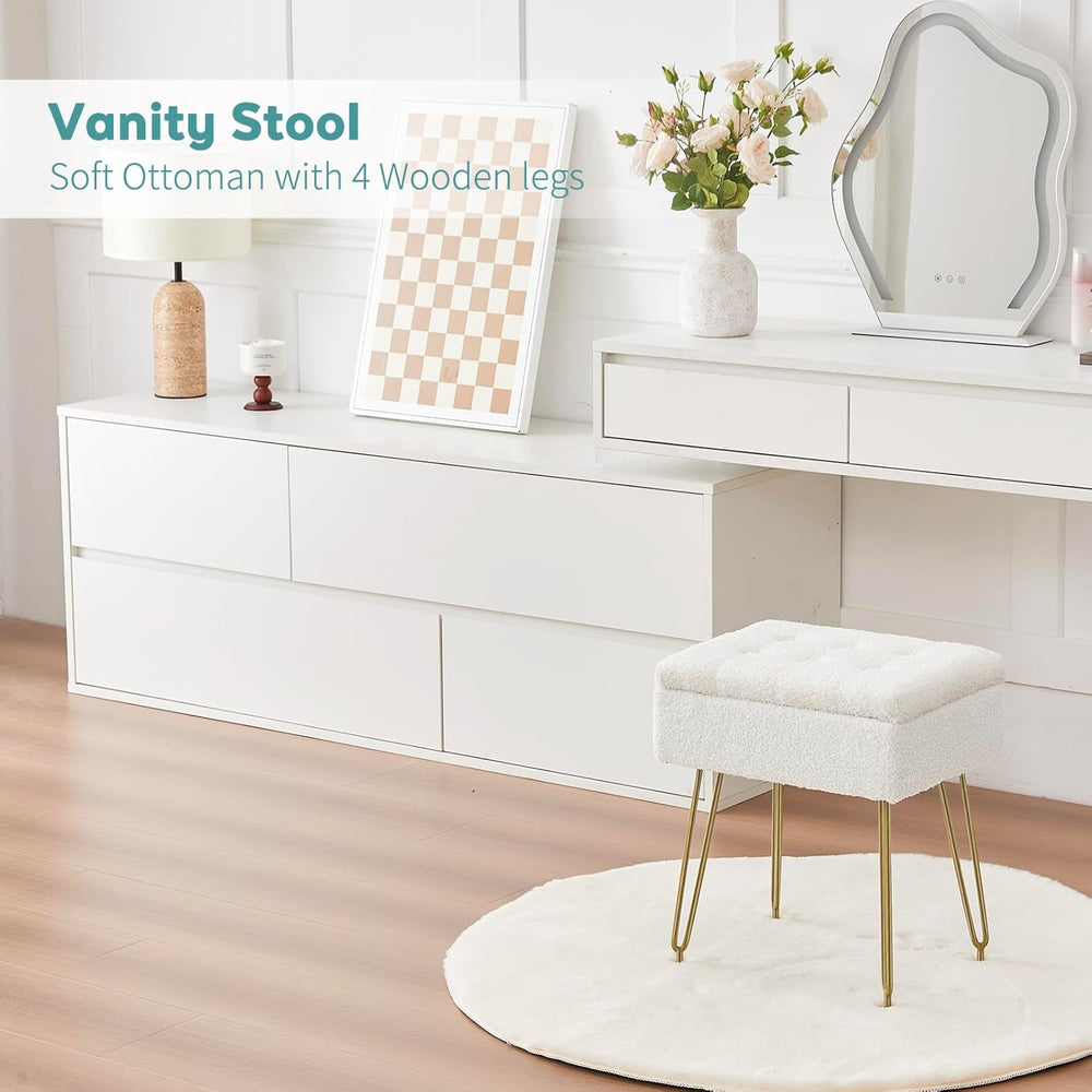 BRIAN & DANY Vanity Stool, Sherpa Vanity Stool Chair with Storage, Rectan...