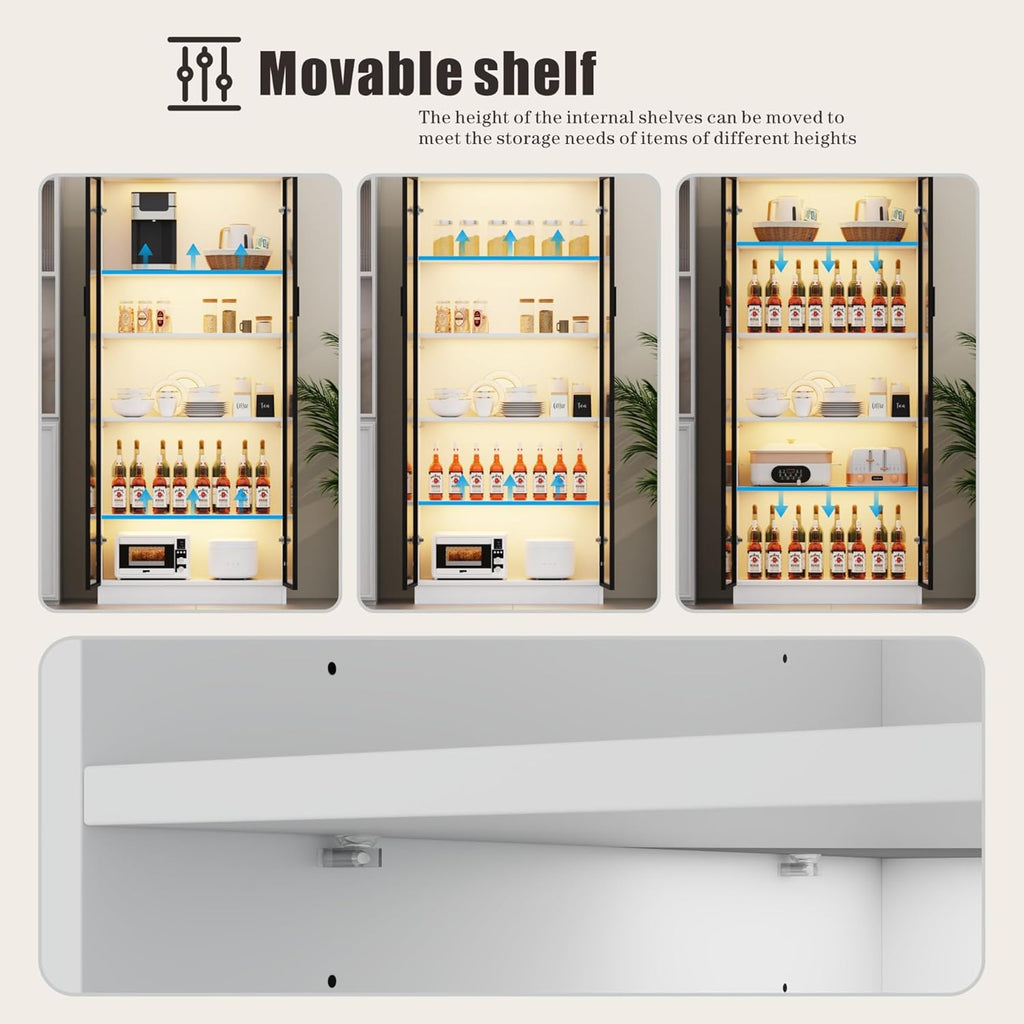 Display Cabinet with Doors and Adjustable Shelves, 65" Tall Bookcase with LED Lights/Human Sensor, 5 Tier Display Case for Collectibles Bedroom Living Room Office, White