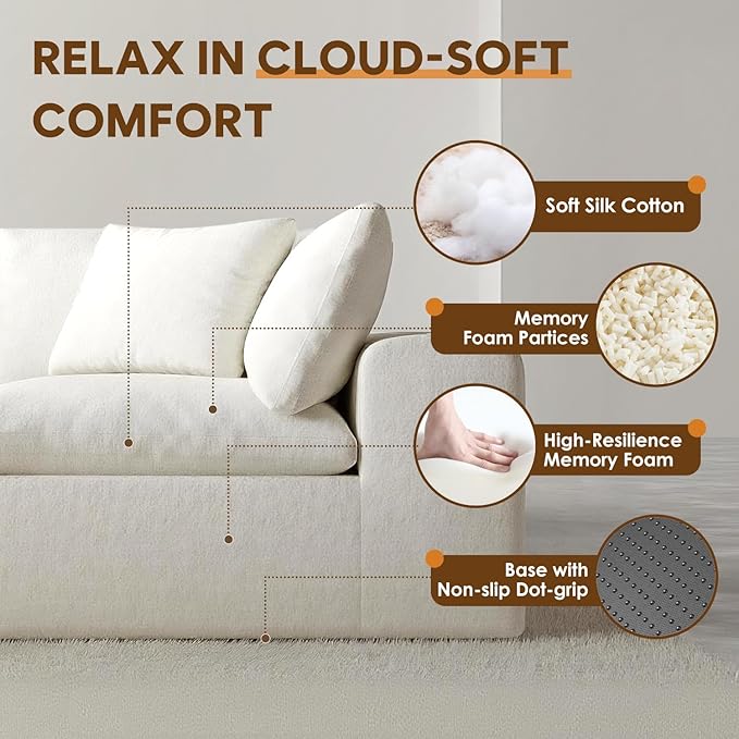 130" Oversized Boneless Cloud Couch, Modular Sectional Couches for Living Room, U Shaped with Deep Seats, No Assembly Required, 6 Seater Washable Fabric Sleeper Sofa, White