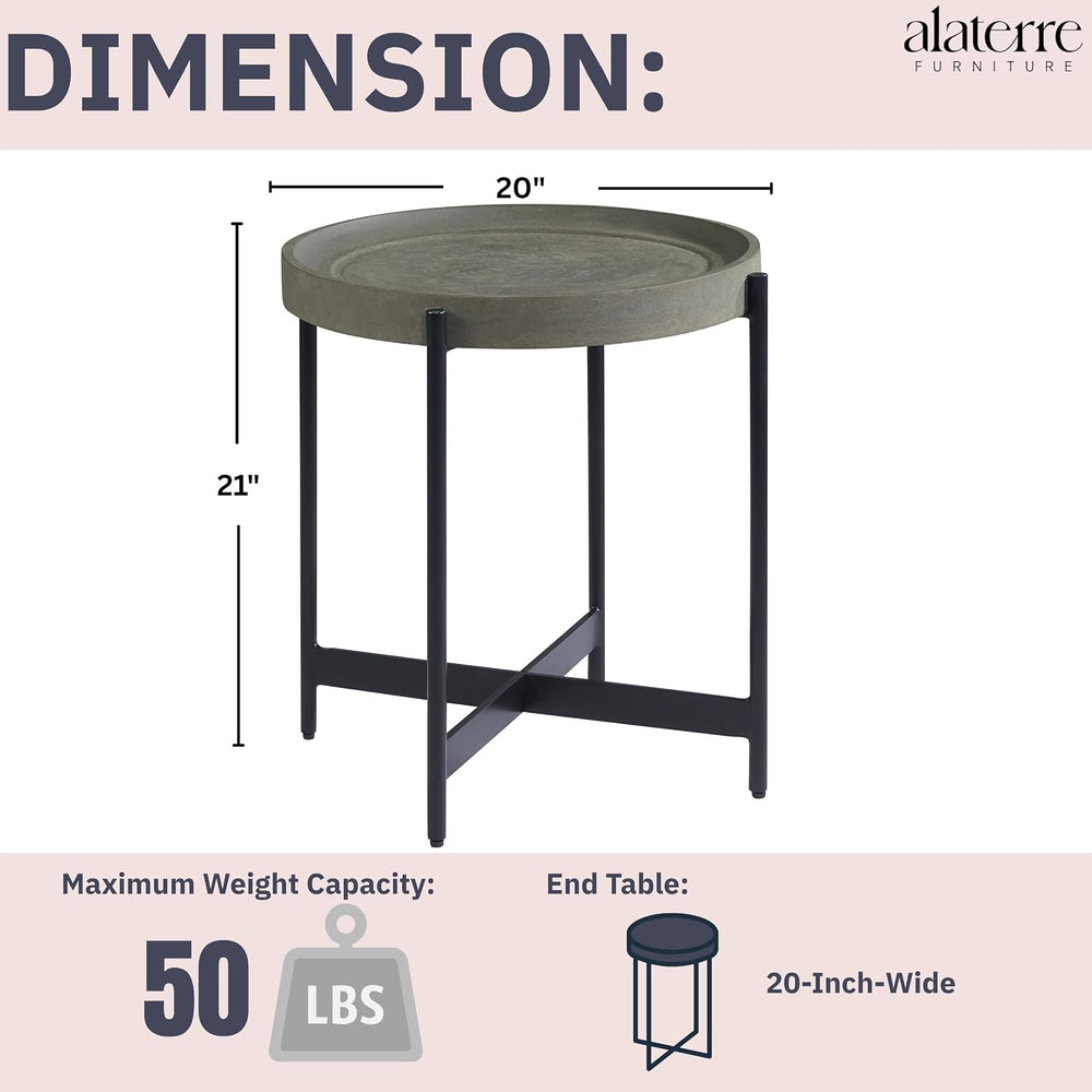 Brookline 20-Inch Round Wood End Table with Concrete Coating and Powder-Coate...
