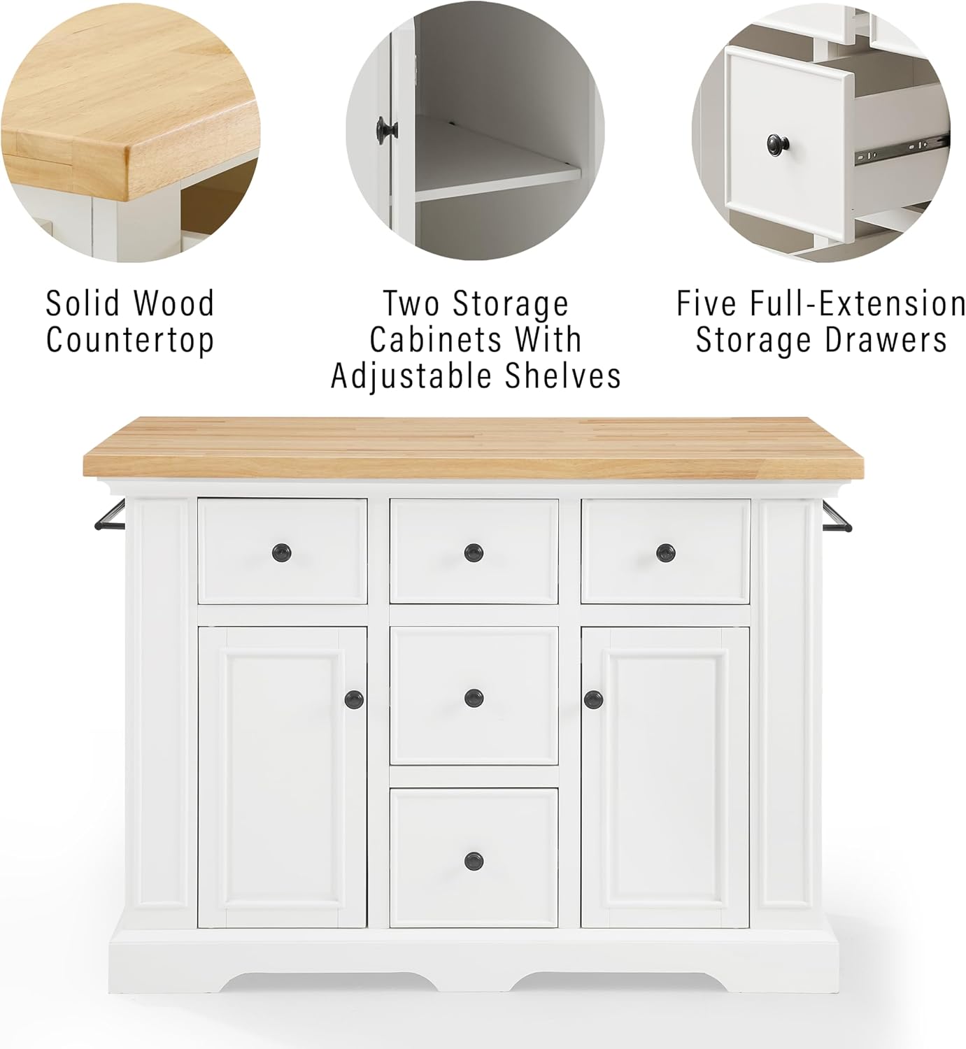 Crosley Furniture Julia Wood Top Kitchen Island with Storage Drawers, Shelves, and Spice Rack, White