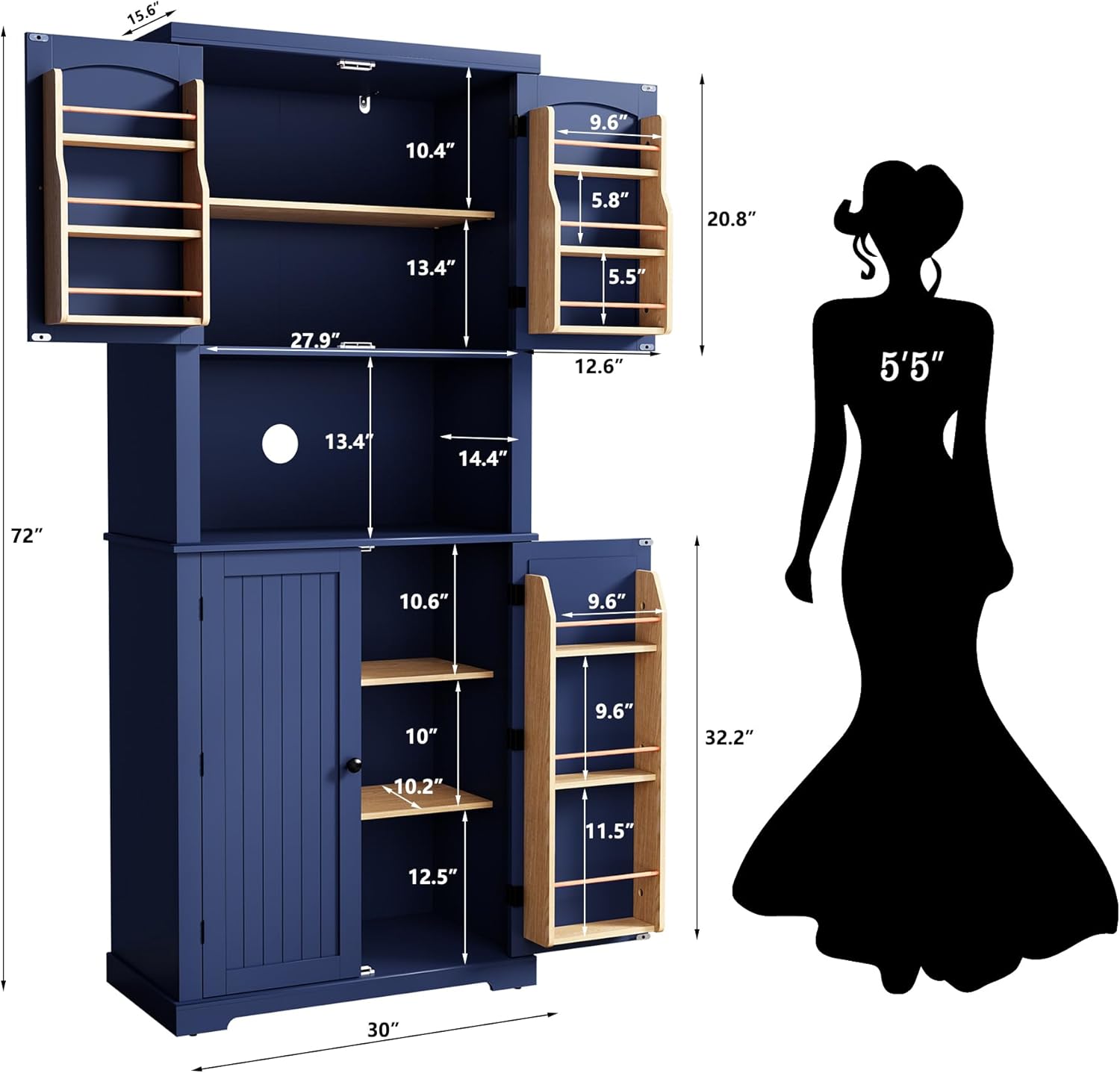HLR 72" Kitchen Pantry Storage Cabinet with Open Countertop, Freestanding Larder Cupboard with Microwave Stand, Utility Laundry Room Storage Cabinet with Doors and Shelves for Dining Room, Living Room