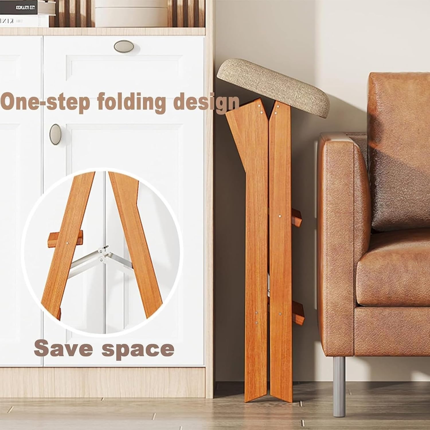 Portable Wooden Folding Library Ladder Chair Stool with Flower Shelf for Adults Lightweight Walnut Finish(White,Without pad)