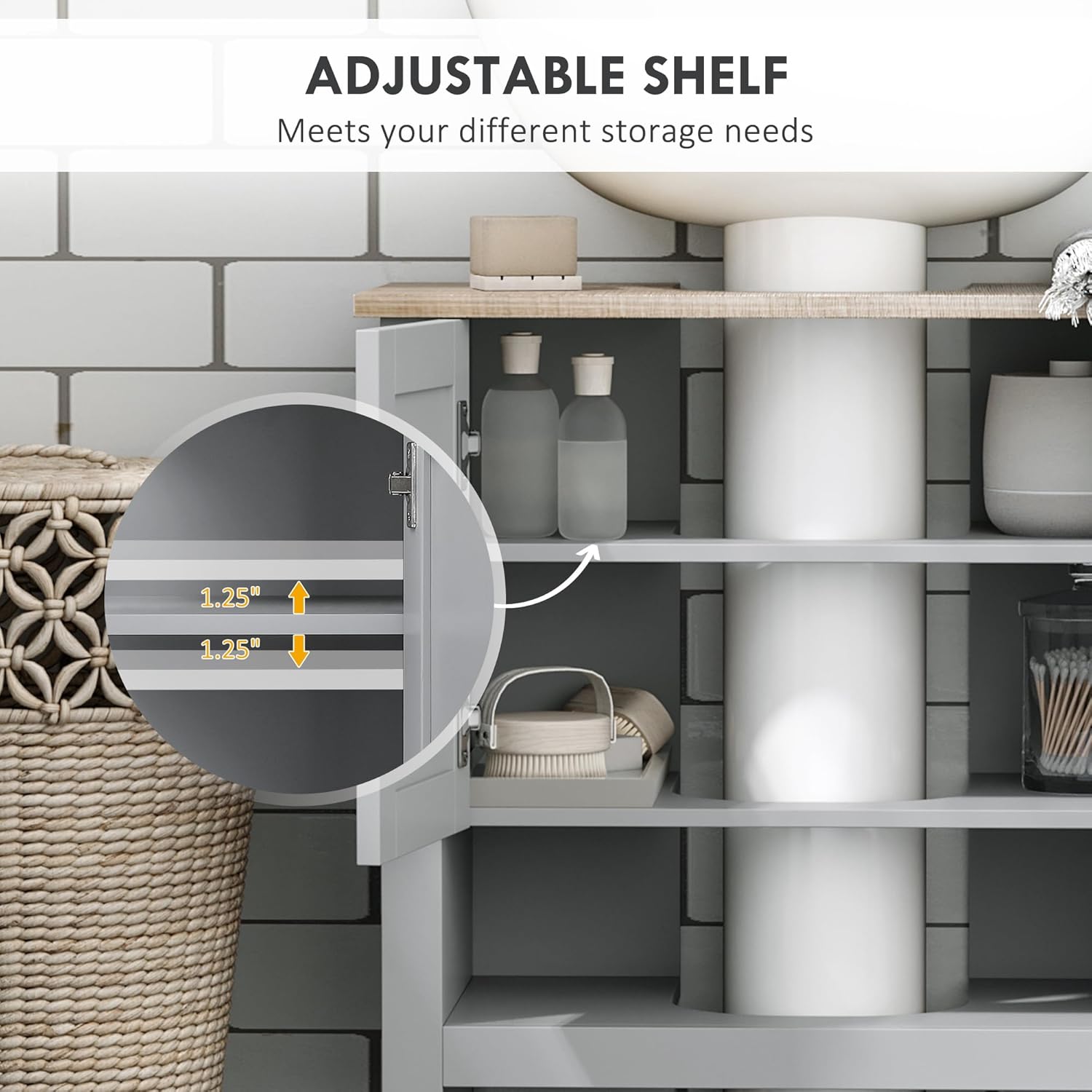Kleankin Pedestal Sink Storage Cabinet, Under Sink Bathroom Vanity with Adjustable Shelf and Open Bottom Shelf, Gray