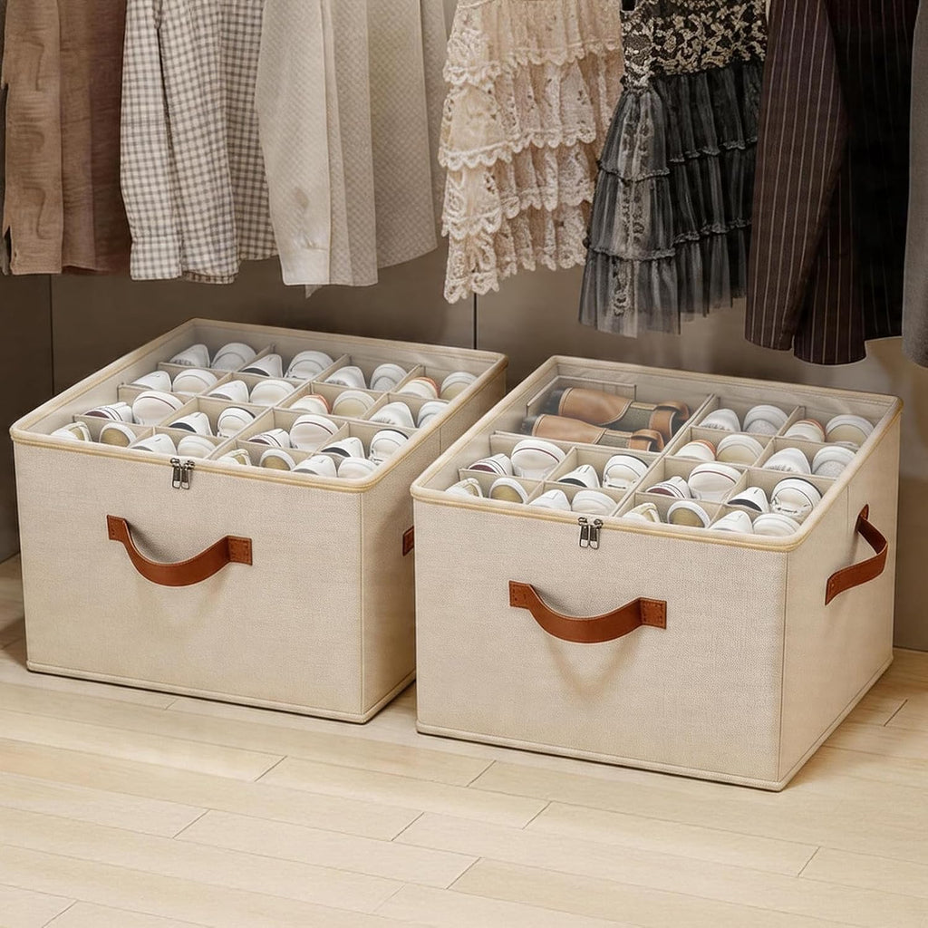 𝐌𝐄𝐂𝐈𝐍𝐅𝐔𝐋 Shoe Storage Organizer 2 Pack, Fabric Stackable Shoe Box with Clear Lid & Adjustable Dividers, Foldable Closet Organizer Fits 16-32 Pairs, Dustproof for Bedroom Entryway