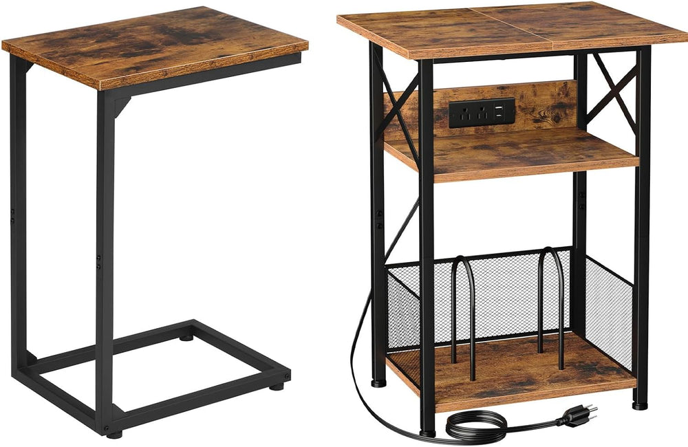 AMHANCIBLE C Shaped End Table，Large Turntable Stand with Storage Cabinet