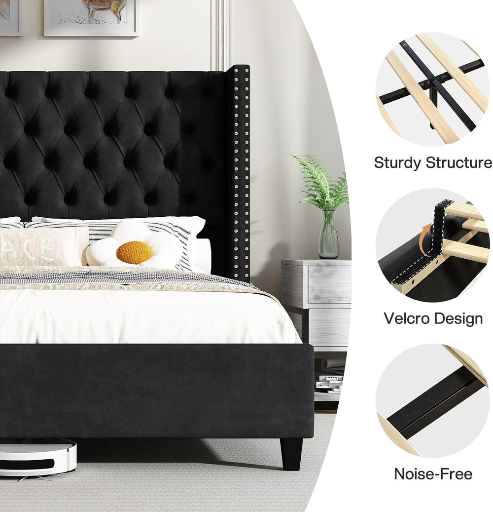 Jocisland Queen Size Bed Frame with 51.6" Velvet Wingback Headboard, Black