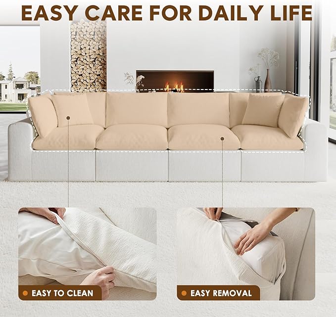 189" Oversized Boneless Cloud Couch, Modular Sectional Couches for Living Room, L-Shaped with Deep Seats, No Assembly Required, 8-Seater Washable Fabric Sleeper Sofa, White