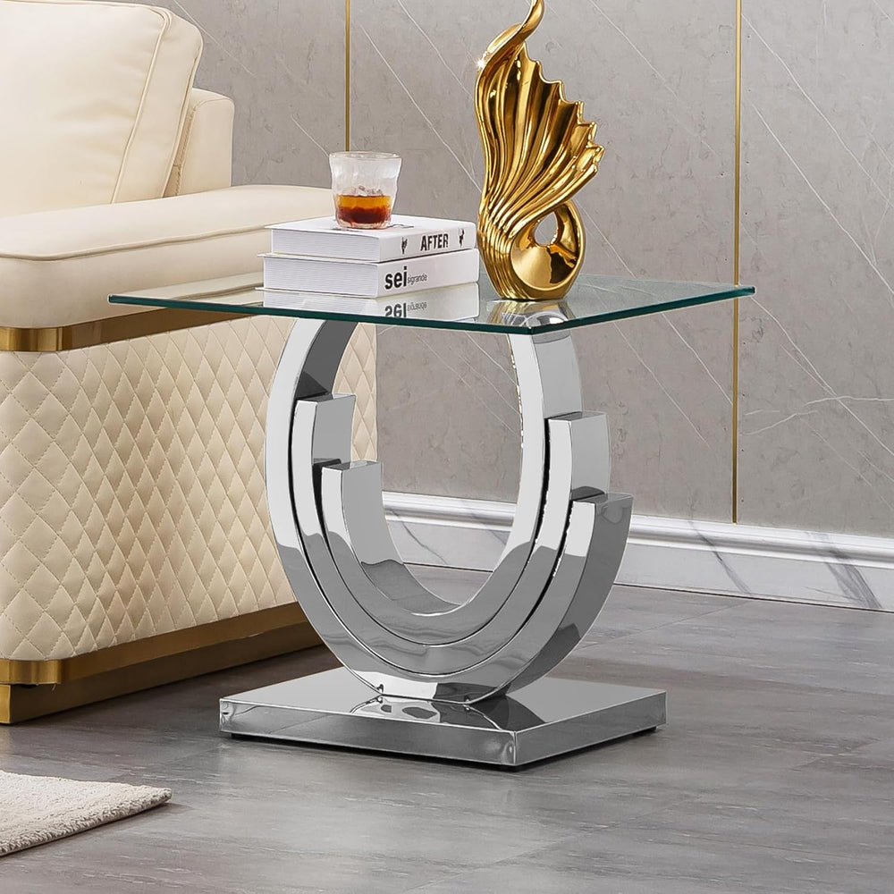 Luxury Silver Glass End Table Modern Square Sofa Side Table with Mirrored Sta...