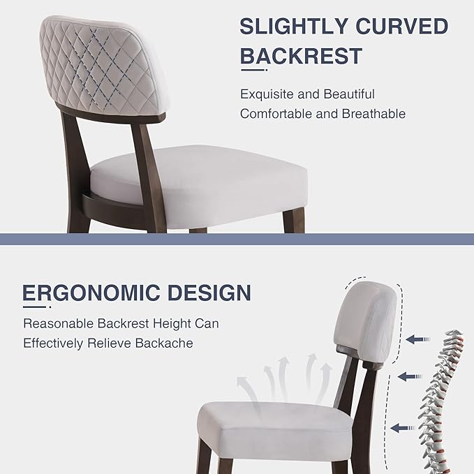 Modern Wood Dining Chairs Set of 2, Velvet Upholstered Kitchen Chairs with Open Curved Backrest & Black Hardwood Legs for Vanity, Living Room, 350 LBS Capacity, Grey