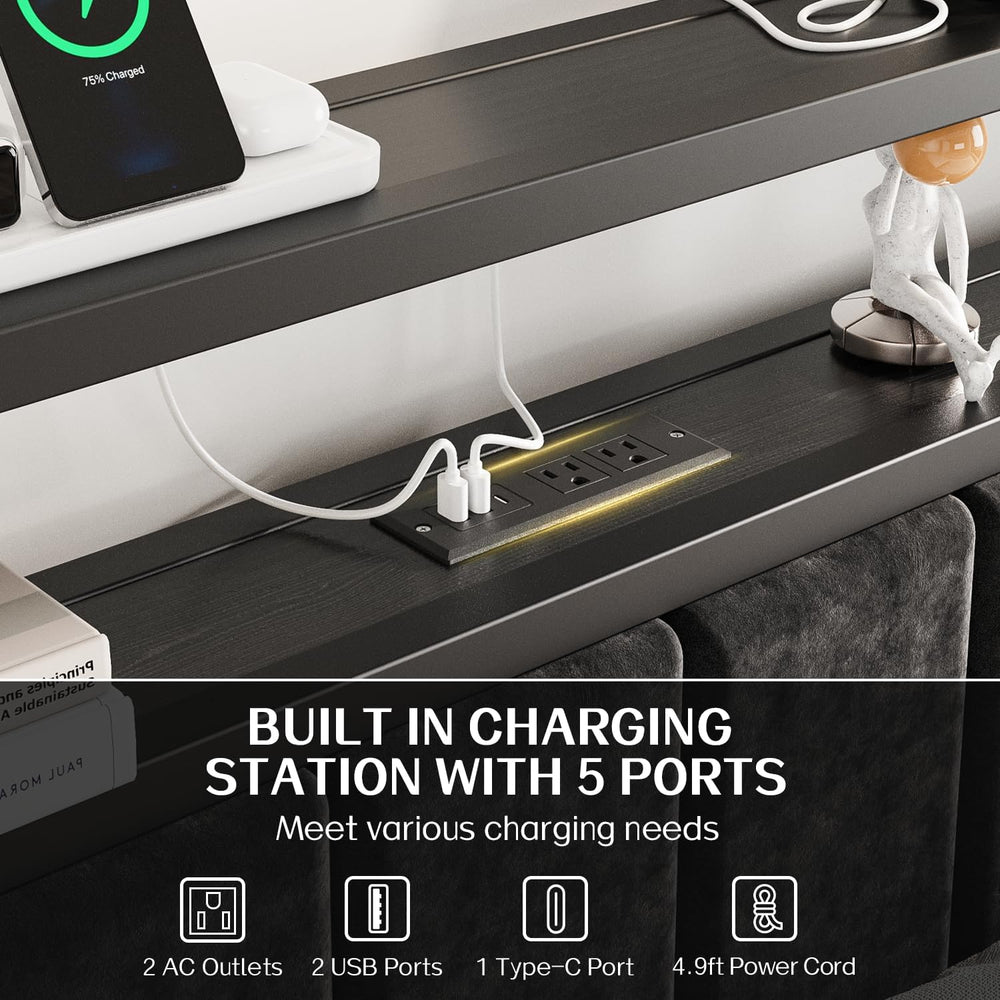 OLEVS Queen Size Bed Frame with LED Lights & Charging Station, Modern Pla...