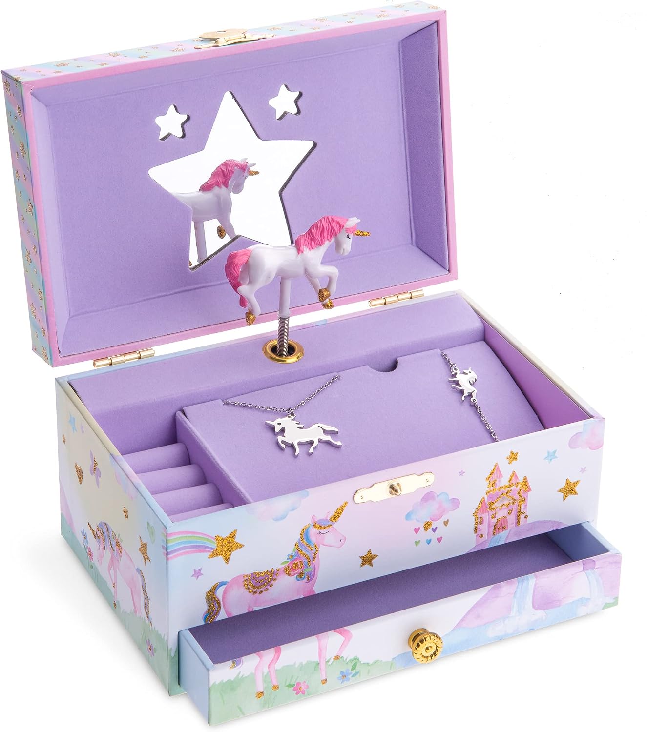 Jewelkeeper Jewelry Box for Girls with Drawer - Spinning Unicorn Doll to The Beautiful Dreamer Tune Music Box - Little Girls' Jewelry Set Includes Unicorn Bracelet and Necklace - 5Dx7Wx4H Inches