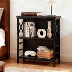 MNEETRUNG Small Bookshelf,3 Tier Industrial Bookcase with Metal Frame and Backboard,Low Black Book Shelf,Book case for Small Spaces,Living Room,Bedroom and Home Office