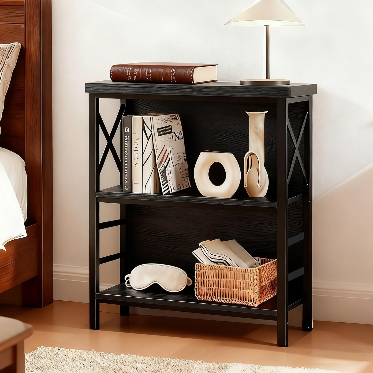 MNEETRUNG Small Bookshelf,3 Tier Industrial Bookcase with Metal Frame and Backboard,Low Black Book Shelf,Book case for Small Spaces,Living Room,Bedroom and Home Office