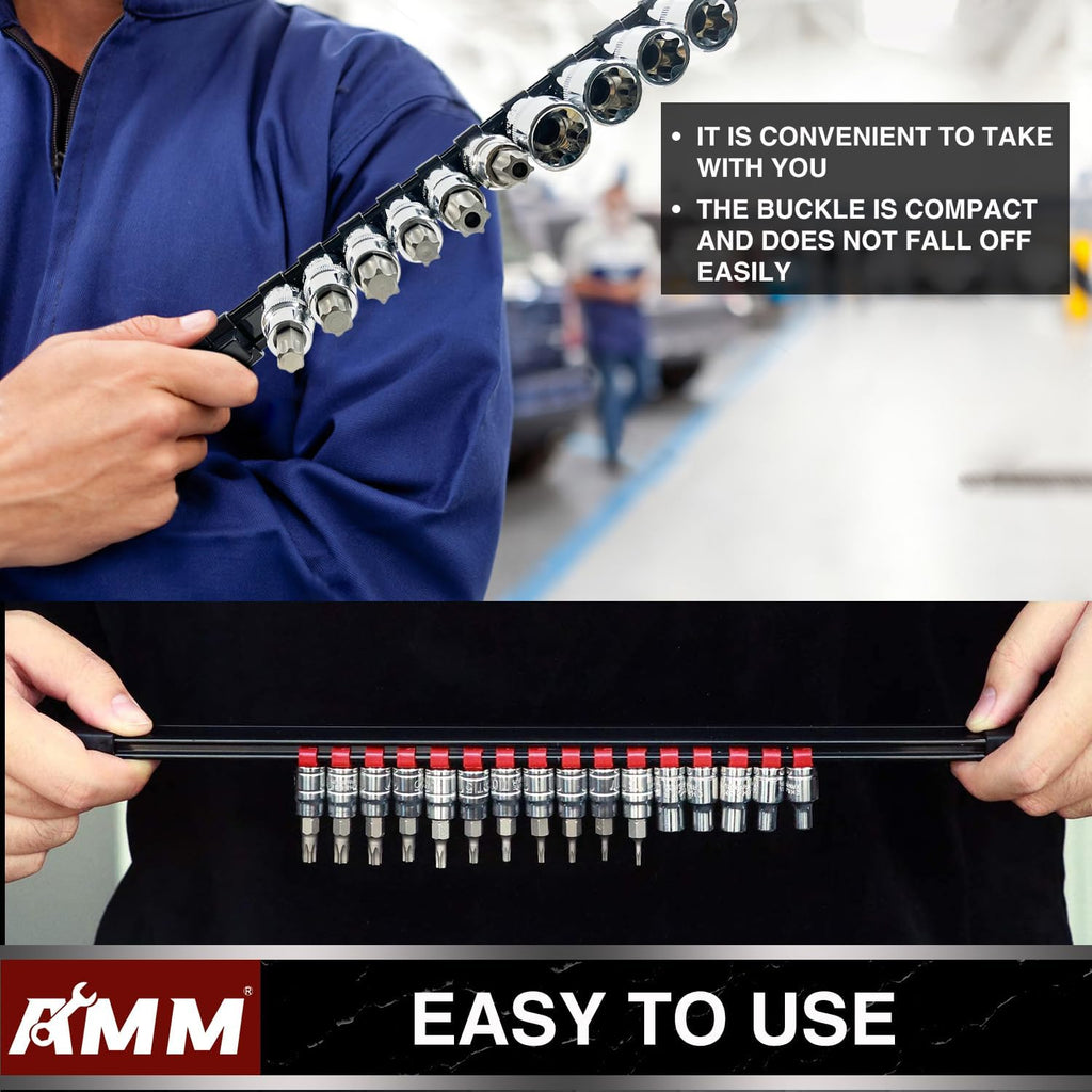 AMM 18-Piece Socket Organizer, 1/2 inch, 3/8 inch and 1/4 inch Drive ABS Tools-Socket Holder,Heavy Duty Socket Racks, Premium Quality Socket Clip Rail Holder,The best tool trays in the garage
