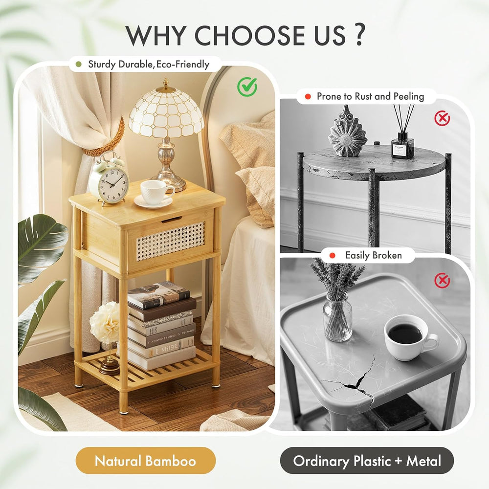 Bamboo Nightstand, Boho Side Table with Drawer and Open Shelf, 3 Tier End Tab...