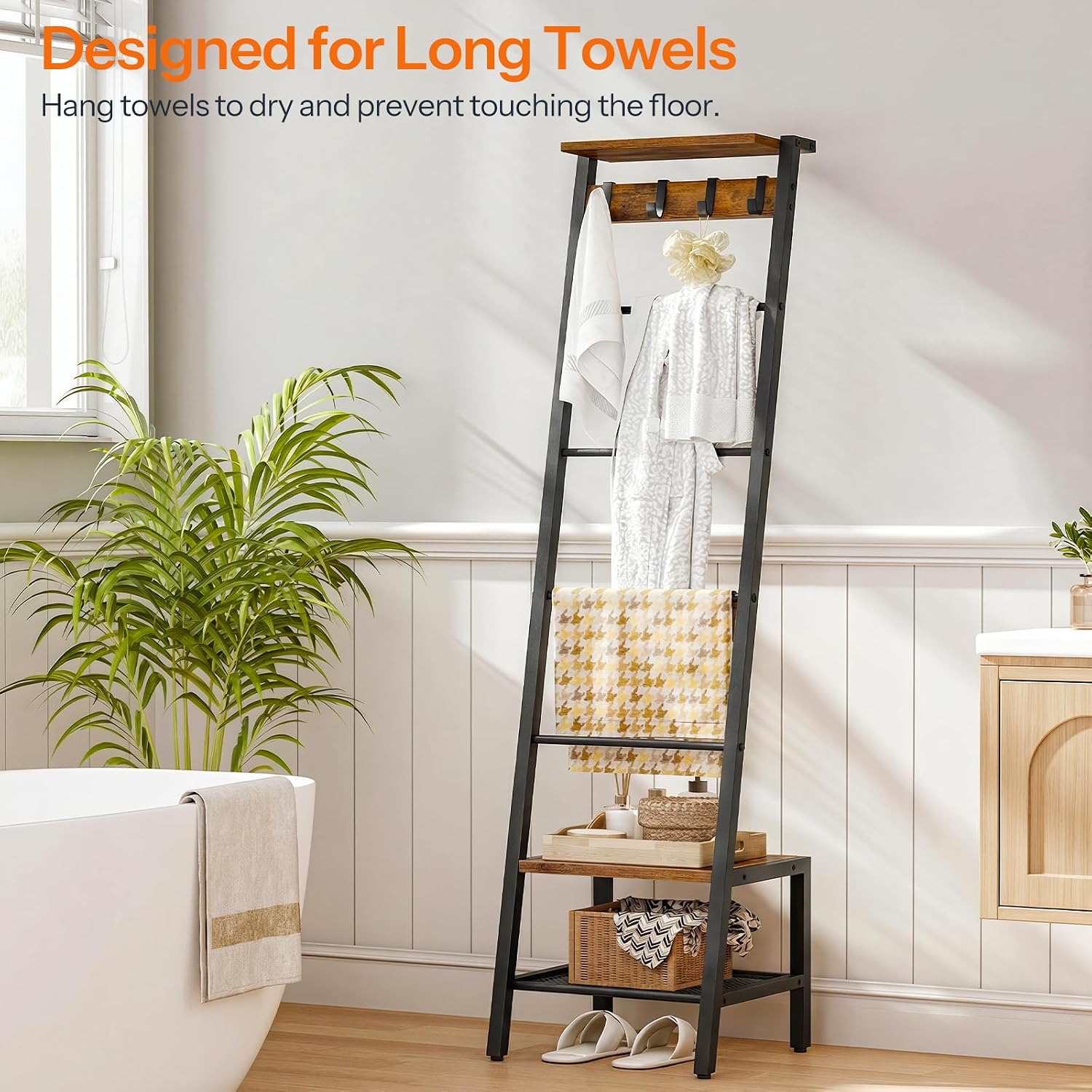 HOOBRO Blanket Ladder Bundle, 63.4" H Decorative Ladder Shelf with Hooks, Towel Rack with 1 Fabric Drawer, BF13CJ01-BF92CJ01